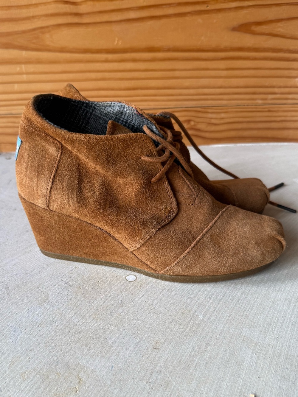 Toms Brown Suede Lace-Up Wedge Booties